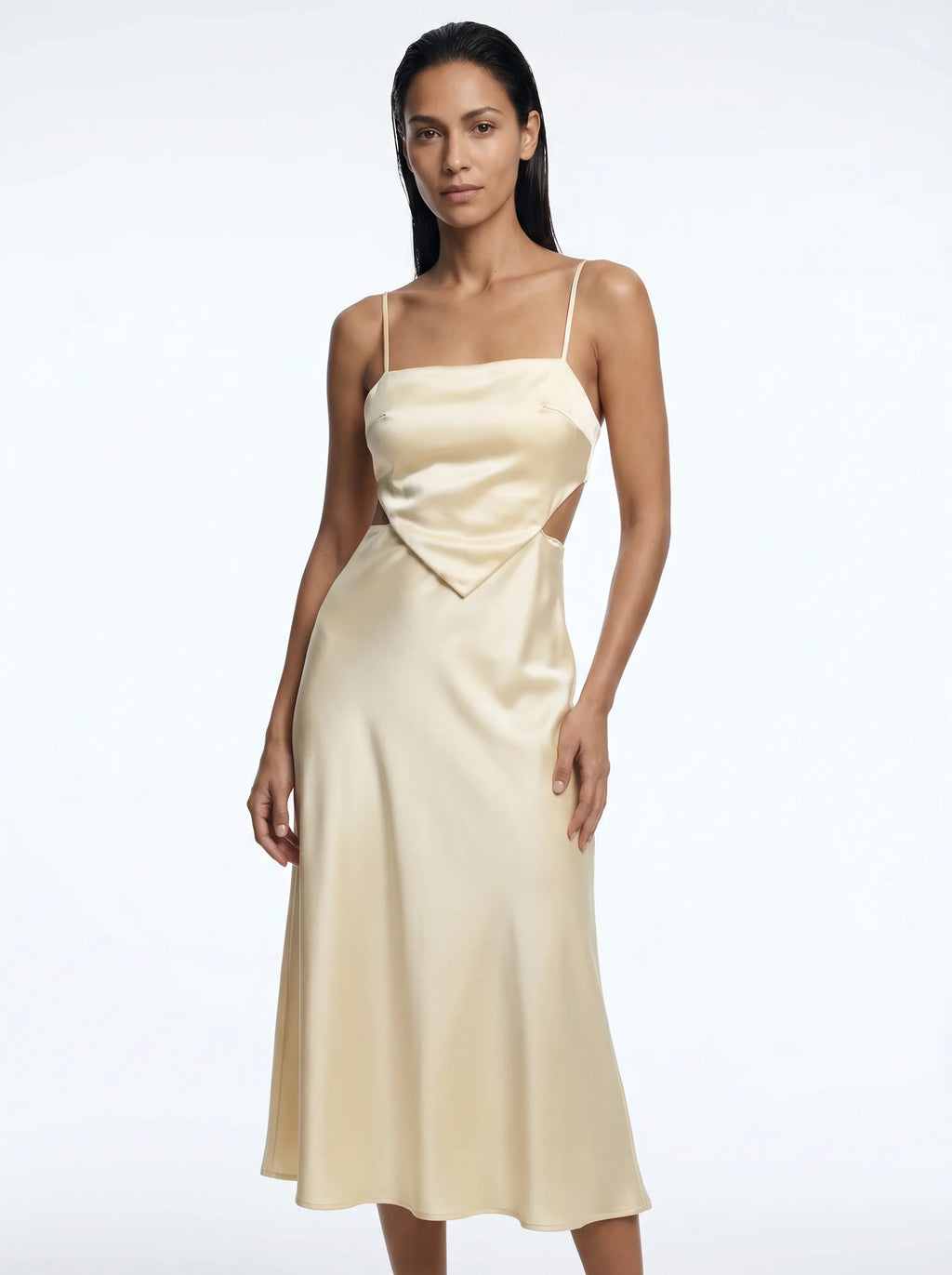 Jacqueline Satijnen Midi Jurk Cut-out Taille