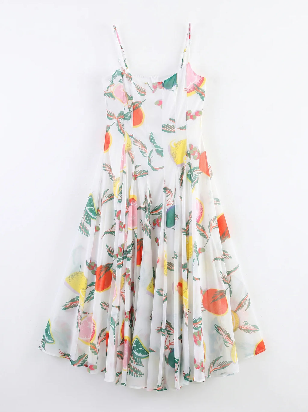 Tiphaine Wijde Midi Jurk Fruitprint Spaghettibandjes