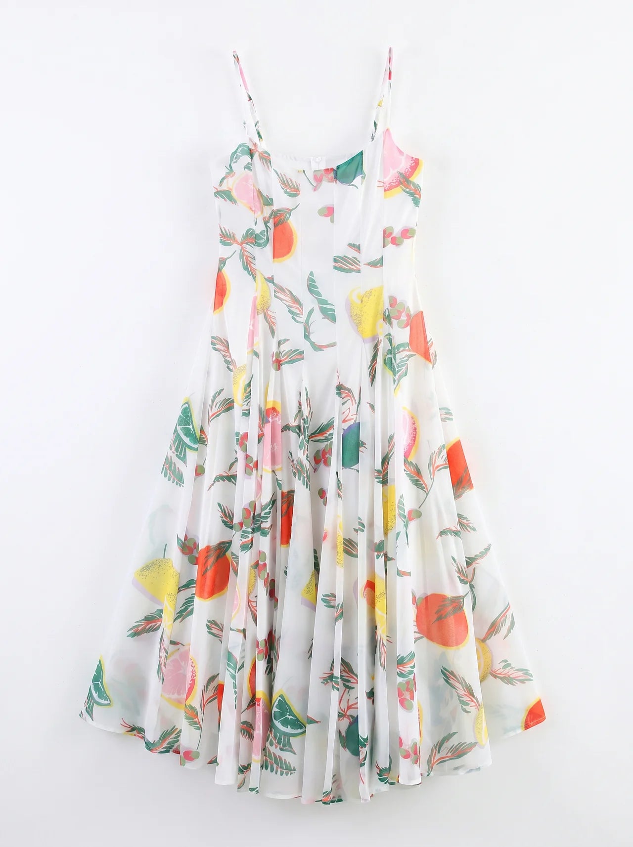 Tiphaine Wijde Midi Jurk Fruitprint Spaghettibandjes