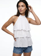 Romane Halter Blouse met Broderie en Gelaagde Ruches