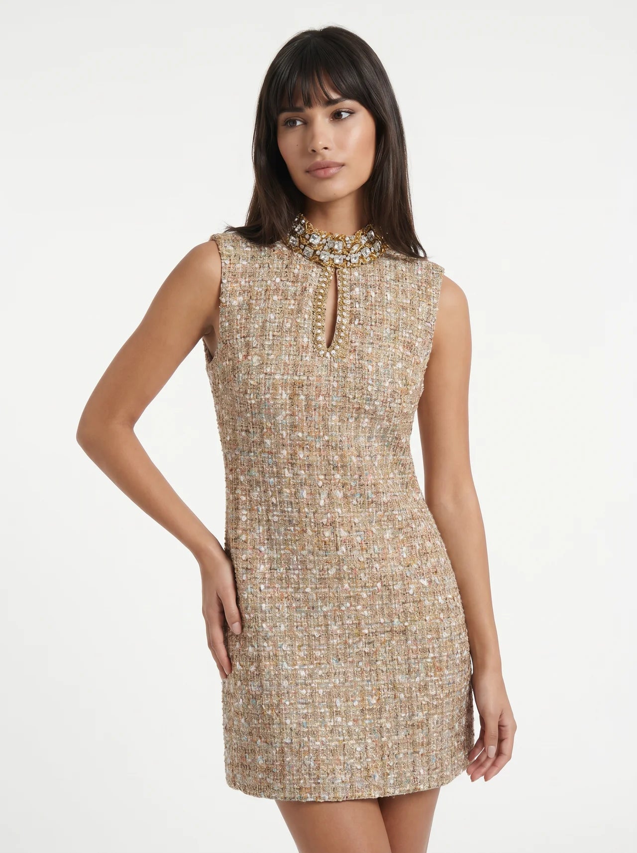 Adélaïde Tweed Mini Jurk Kristallen Staande Hals