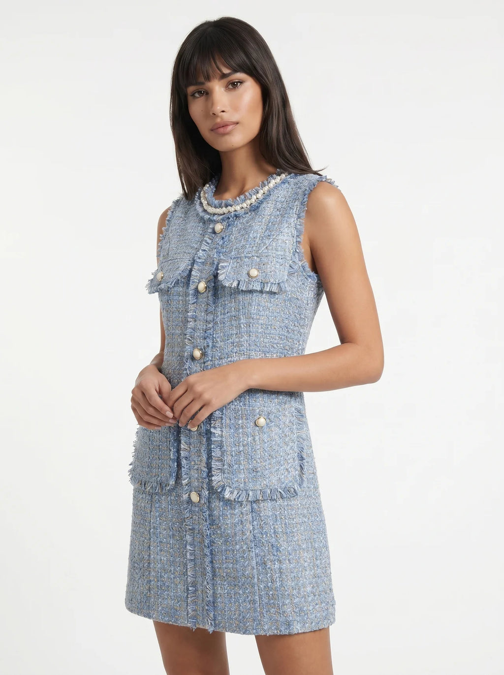 Cassandre Tweed Mini Jurk met Parelknopen