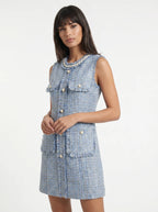 Cassandre Tweed Mini Jurk met Parelknopen