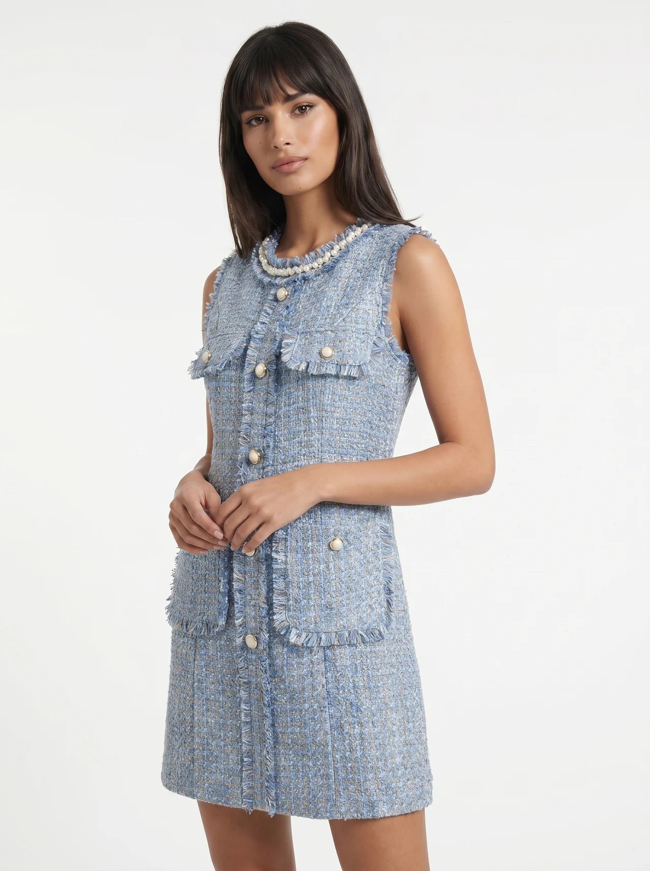 Cassandre Tweed Mini Jurk met Parelknopen
