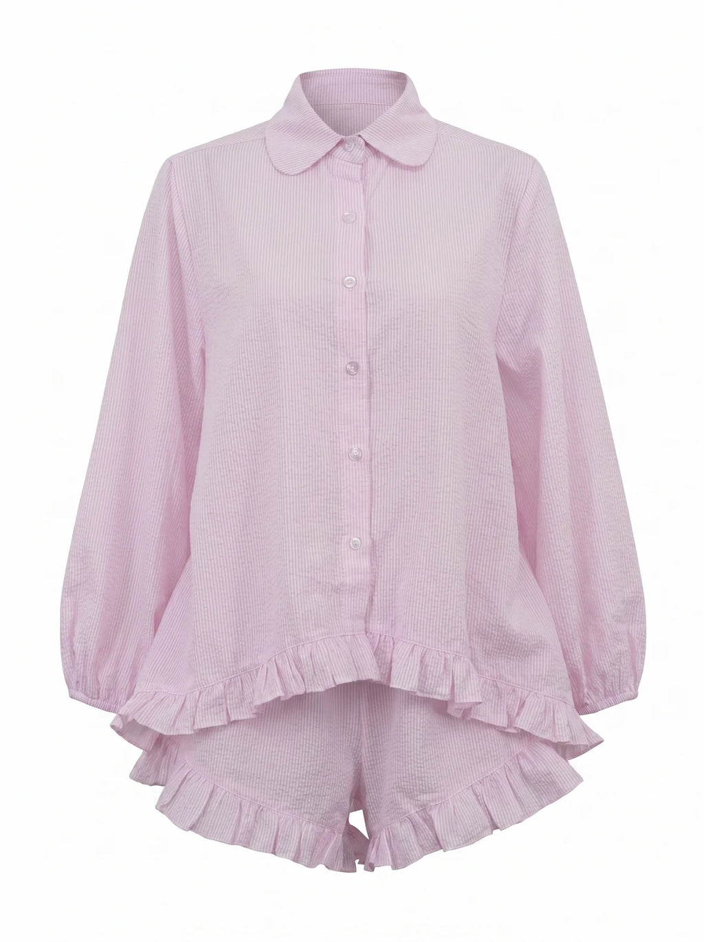 Noémie Matching Set roze gestreepte blouse short ruche ballonmouwen voораanzicht