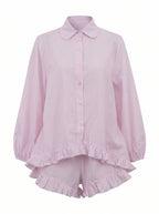 Noémie Matching Set roze gestreepte blouse short ruche ballonmouwen voораanzicht
