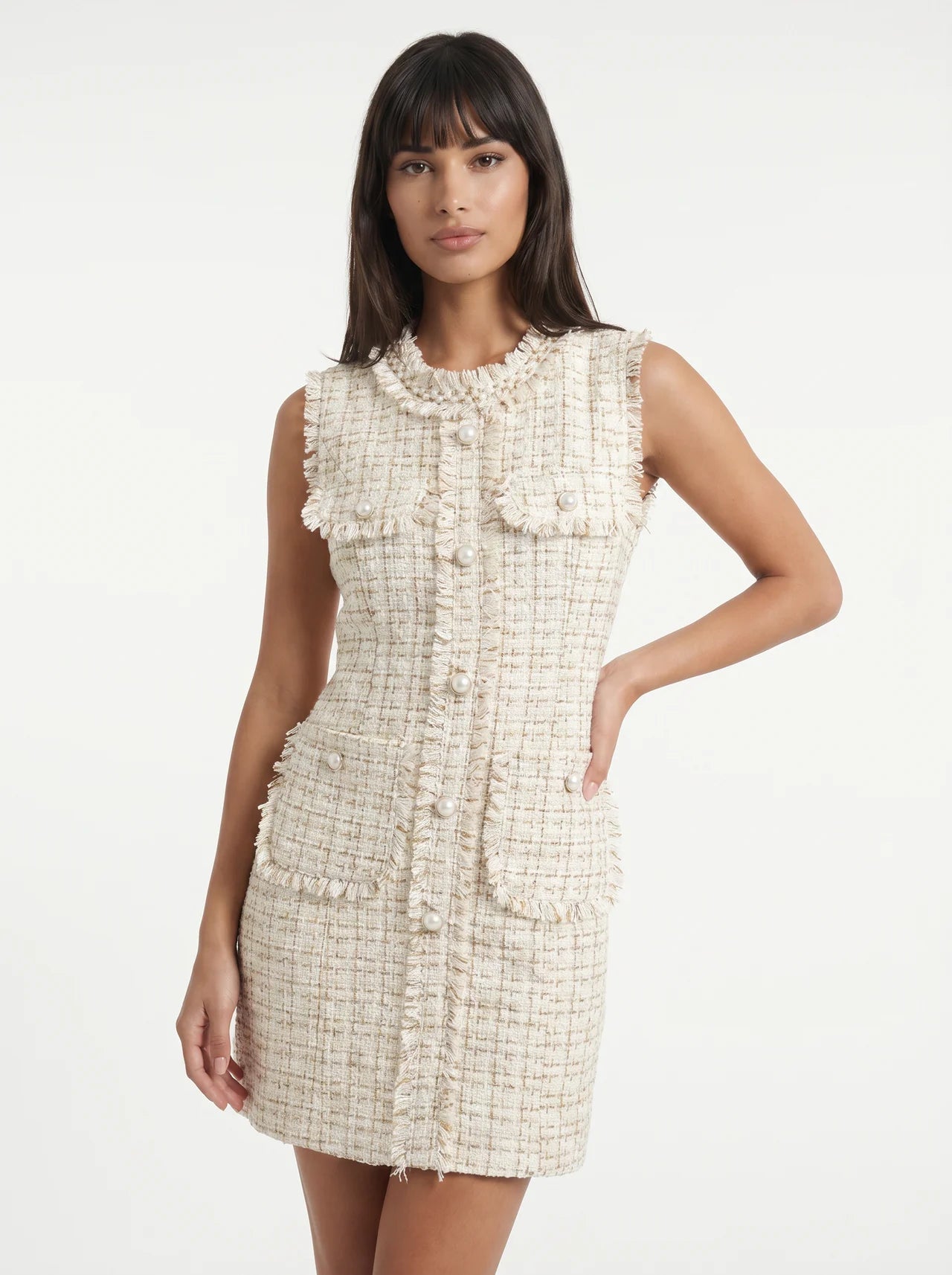 Cassandre Tweed Mini Jurk met Parelknopen