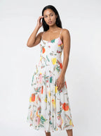 Tiphaine Wijde Midi Jurk Fruitprint Spaghettibandjes
