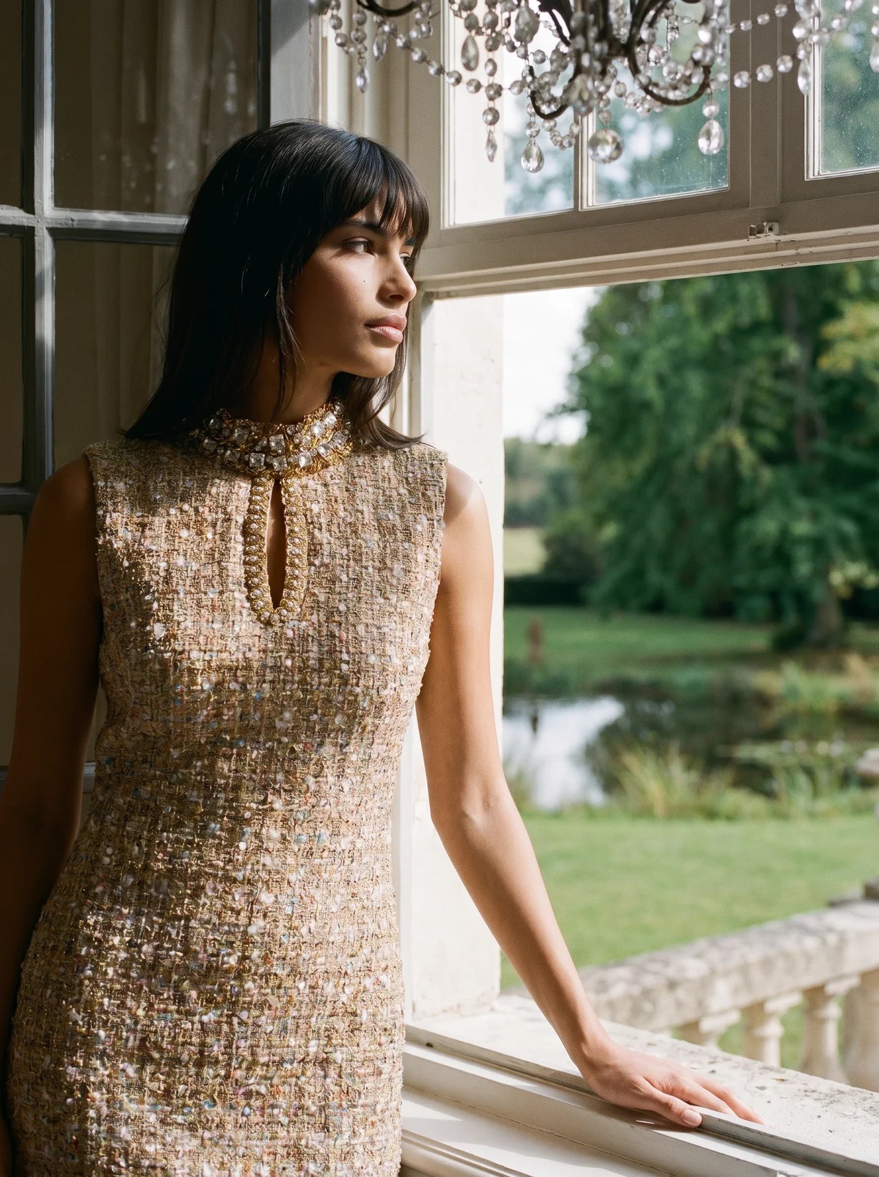 Adélaïde Tweed Mini Jurk Kristallen Staande Hals