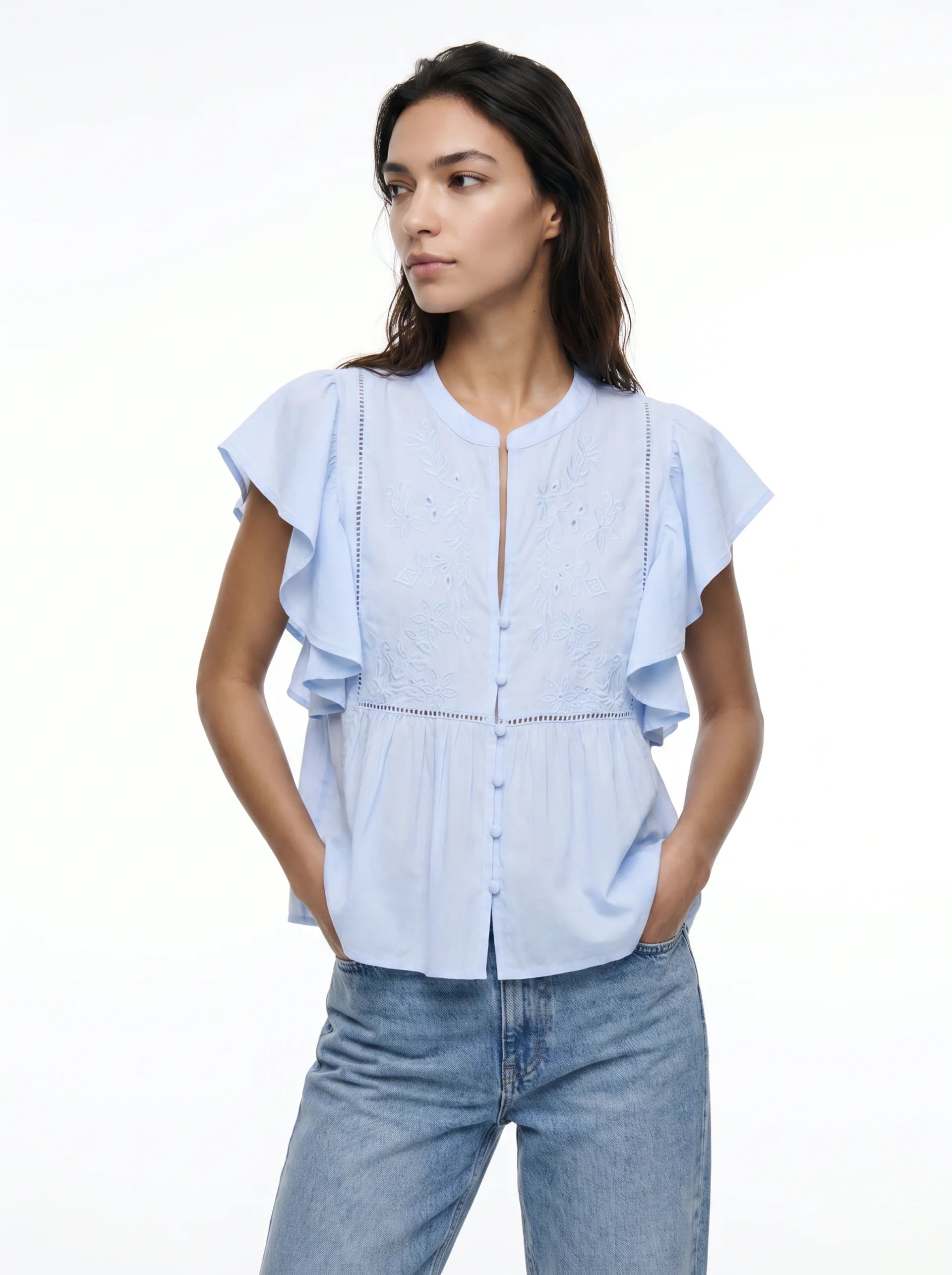 Gaëlle Blouse met Vlindermouwen en Bloemen Borduurwerk