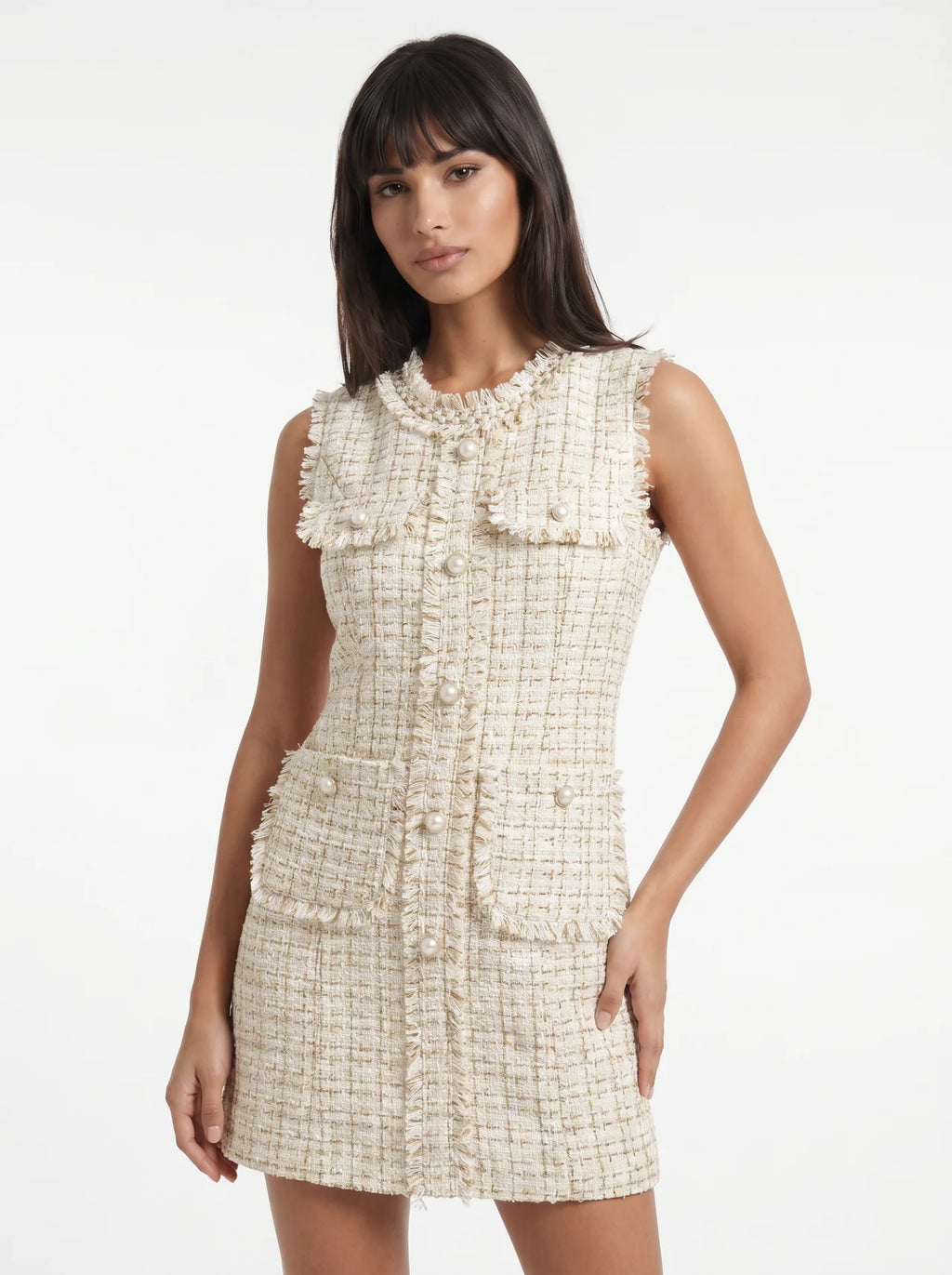 Cassandre Tweed Mini Jurk met Parelknopen