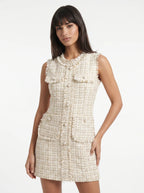 Cassandre Tweed Mini Jurk met Parelknopen