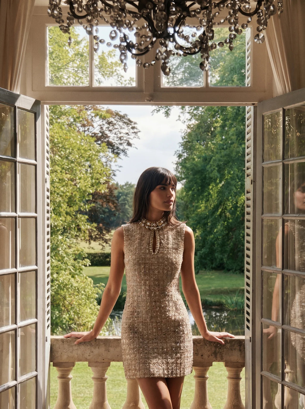 Adélaïde Tweed Mini Jurk Kristallen Staande Hals