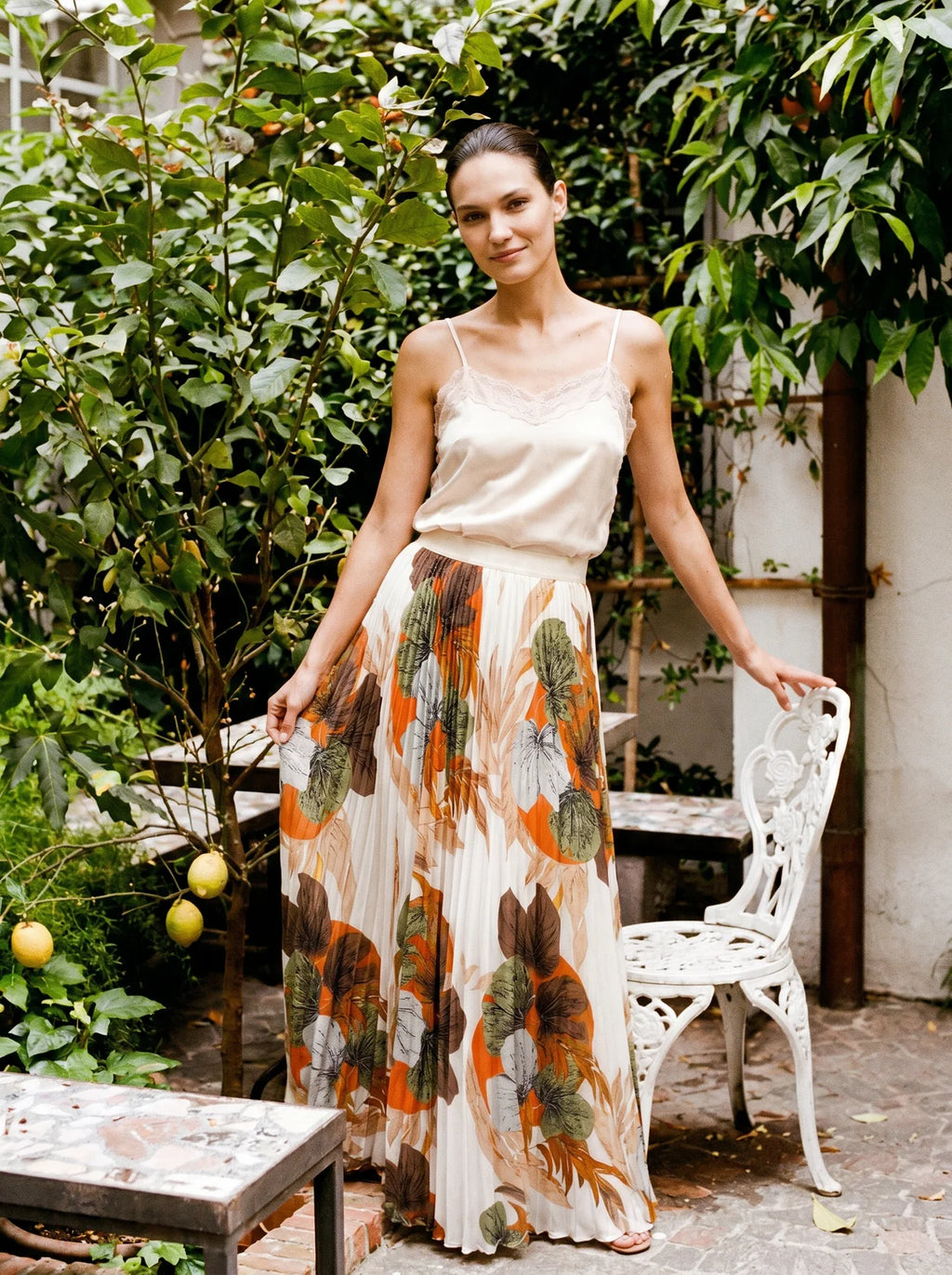 Cambronne Geplisseerde Maxi Rok met Tropische Bloemenprint