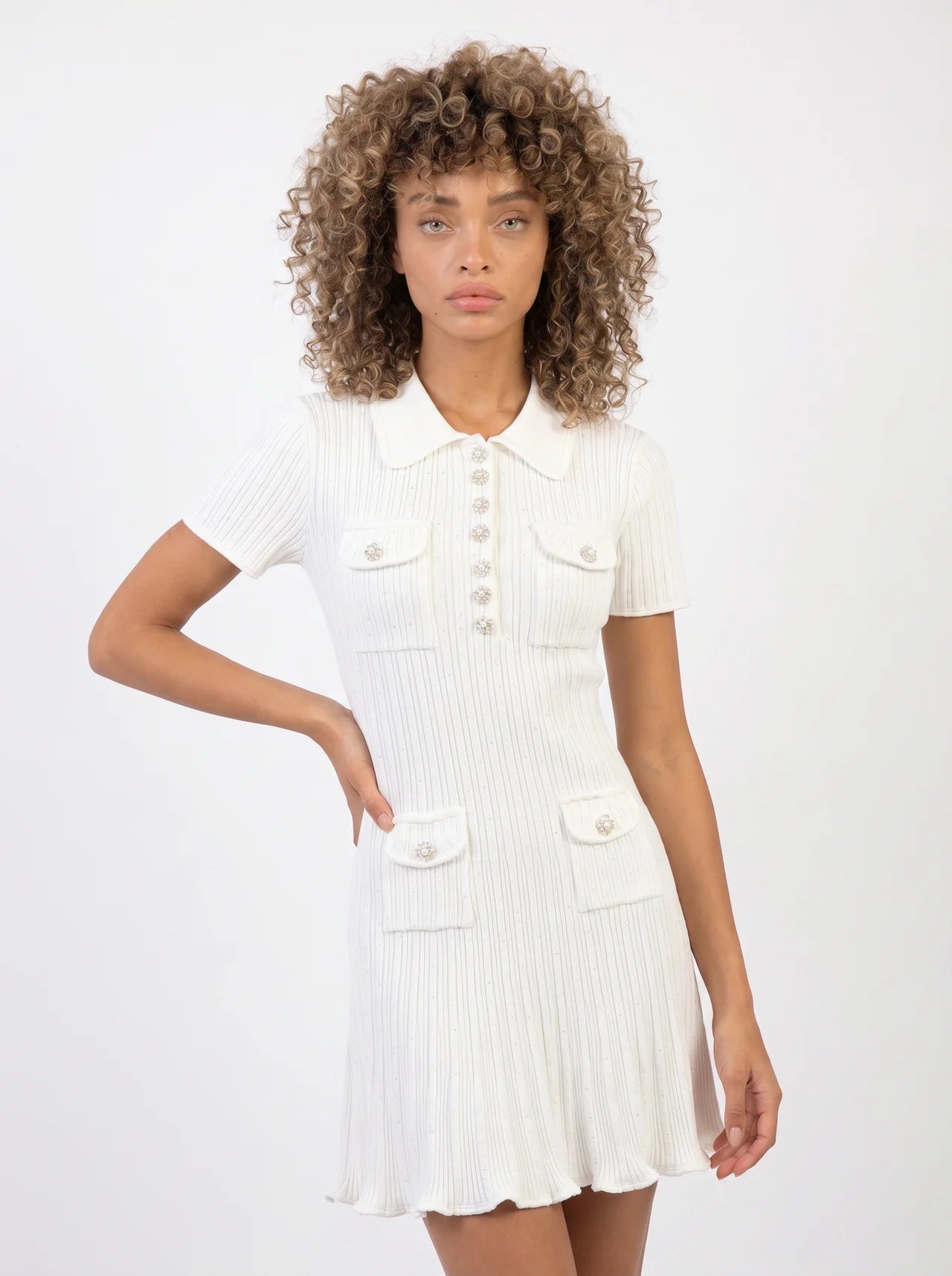 Françoise Gebreide Mini Jurk Polokraag Zirkonia Knopen