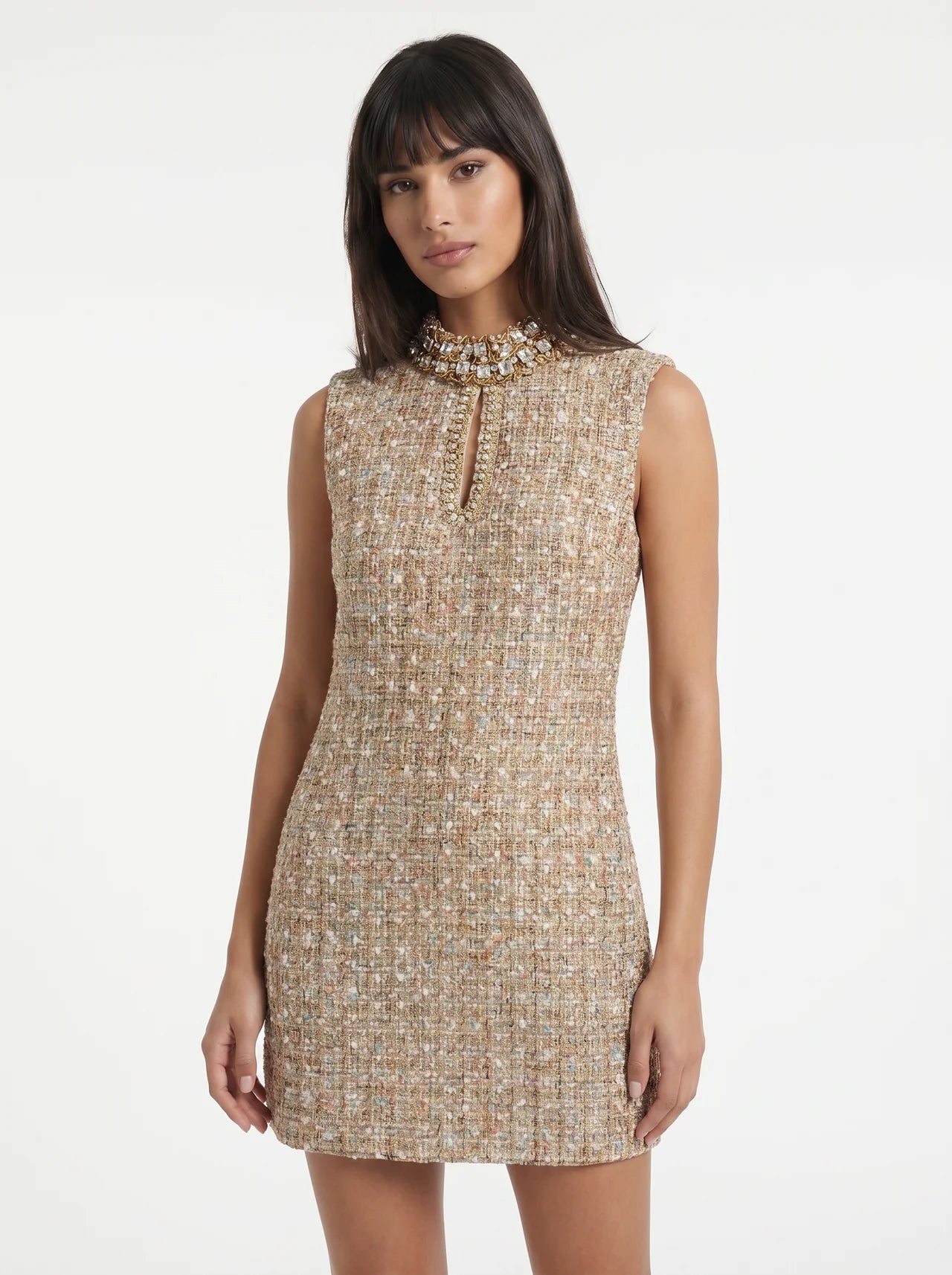 Adélaïde Tweed Mini Jurk Kristallen Staande Hals
