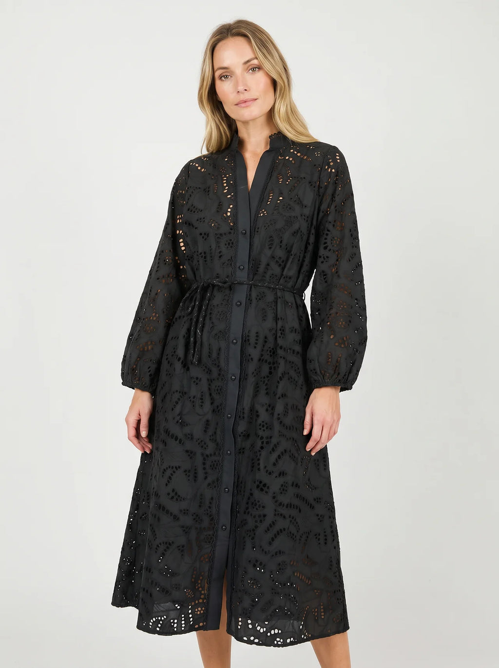 Albane Midi Jurk met Opengewerkte Broderie en Ceintuur