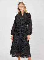 Albane Midi Jurk met Opengewerkte Broderie en Ceintuur