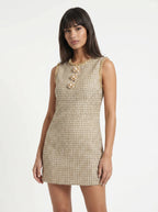 Bérangère Tweed Mini Jurk Parel Knopen Franjerand